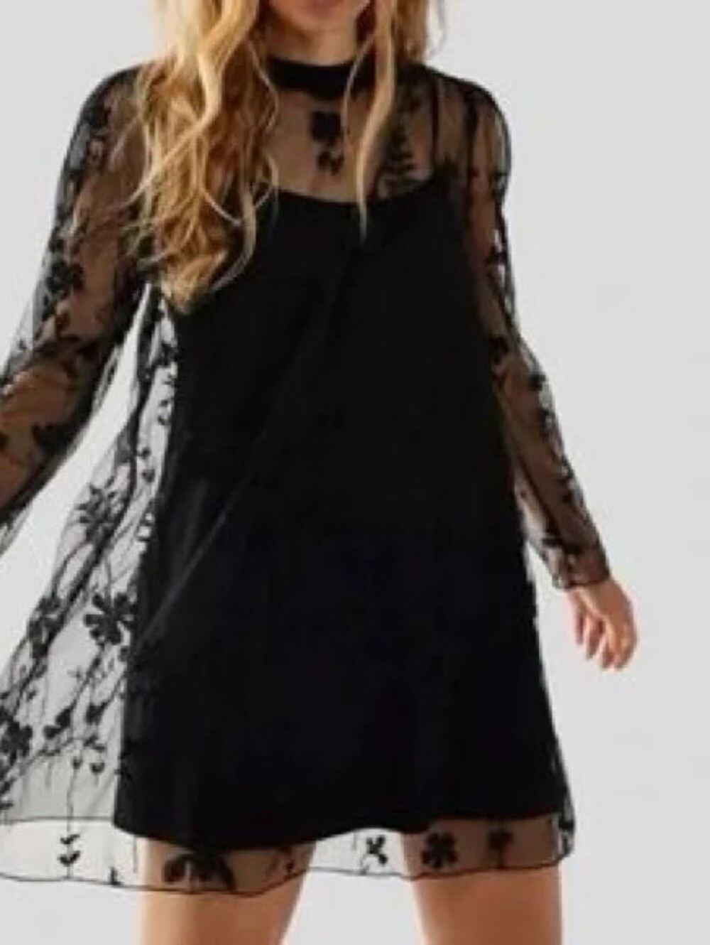 Free People Black Sheer Floral Overlay Mini Dress Small Oversized LIKE NEW